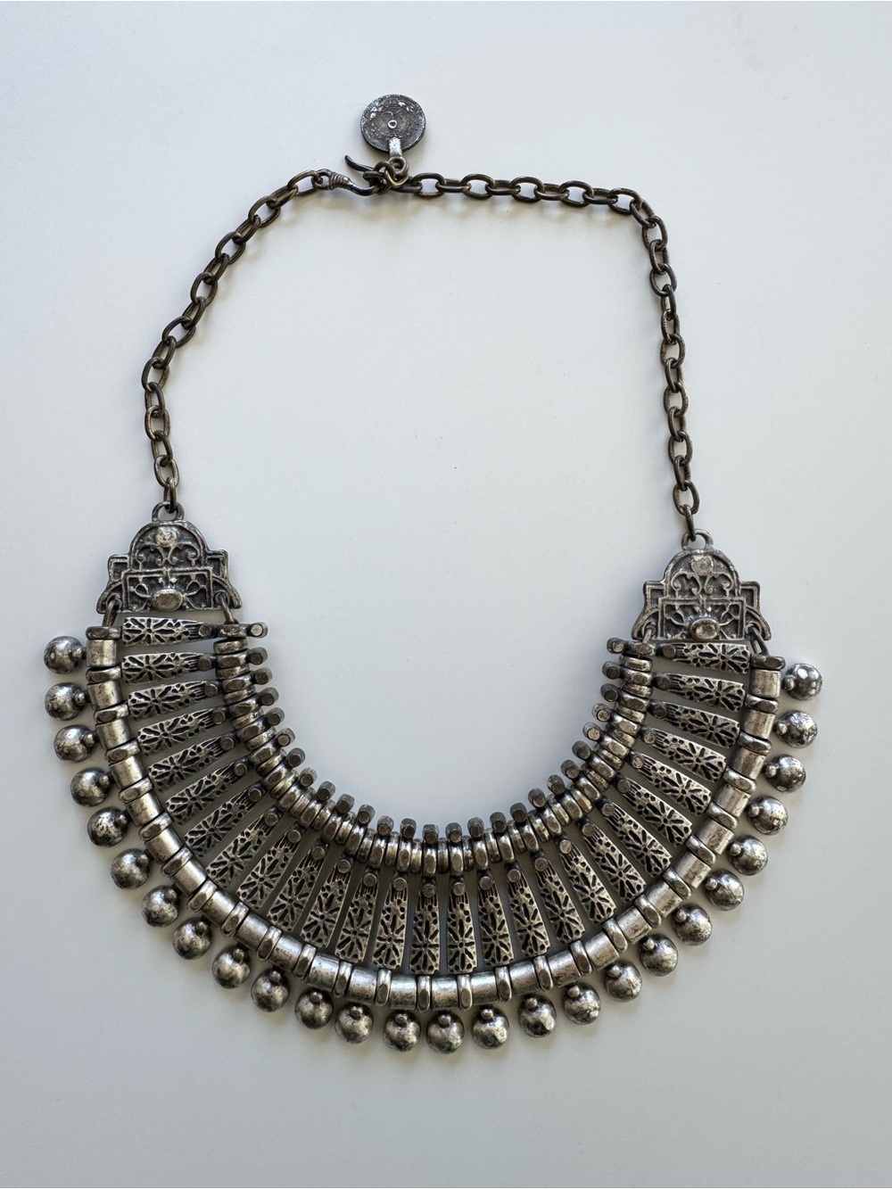 Vintage Style Silver Tone Boho Bib Necklace Coin Charm Ball Fringe Tribal style